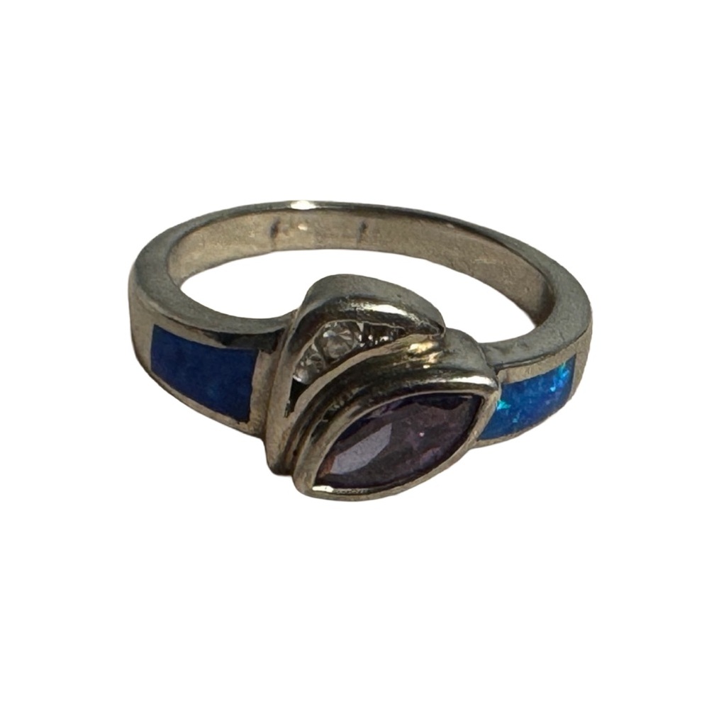 925 Sterling Silver Ring with Amethyst & Blue Opal Inlay Size 8